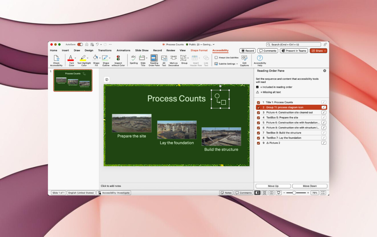 微软 Mac 版 PowerPoint 测试 ReadingOrderPane 功能