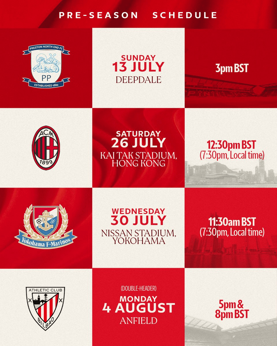 利物浦季前赛日程：7月底香港战米兰+日本行对阵横滨水手