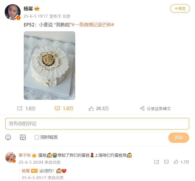 杨幂晒蛋糕图，章子怡评论“上海咱们约蛋糕局”