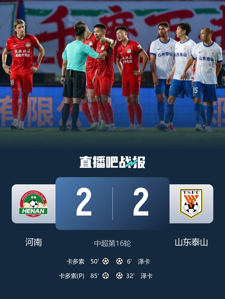 连追2球！河南轰27脚2-2泰山 卡多索泽卡双响彭欣力登场2分钟染红