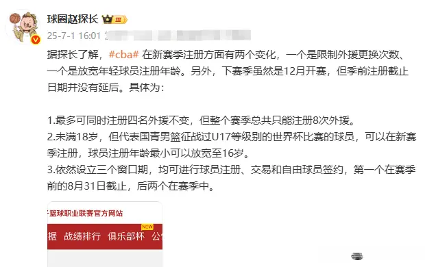 CBA重磅改革！任性更换外援的时代过去了，未满18岁小将机会来了