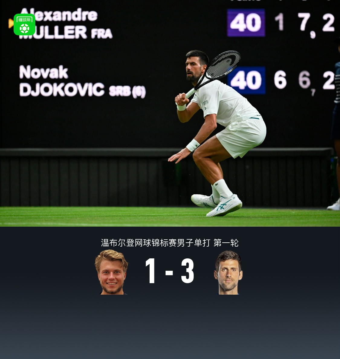 3-1击败米勒，德约保持职业生涯温网首轮不败成功晋级