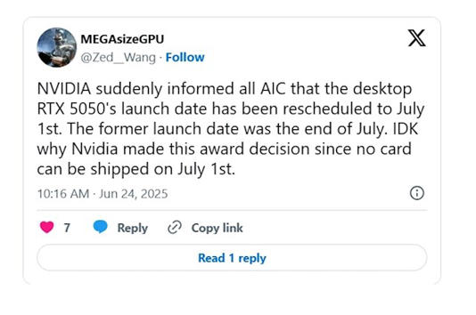 NVIDIA挤牙膏式躺平！RTX 5050将于7月1日发布：全系唯一8GB GDDR6显存