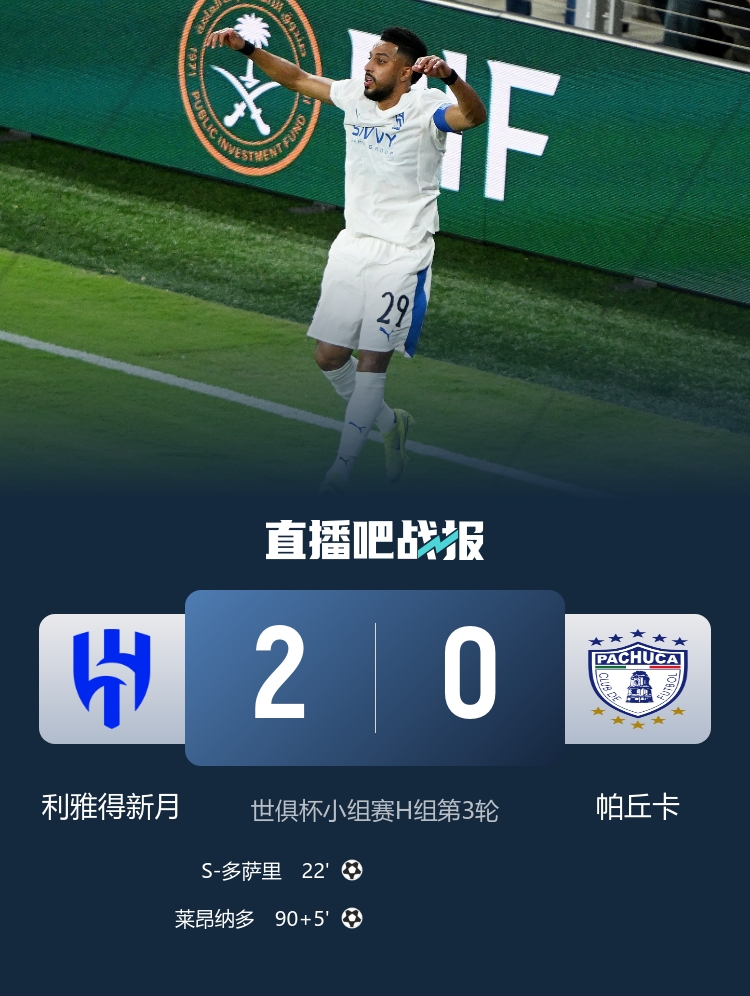 亚洲独苗！新月2-0帕丘卡 新月次名出线16强战曼城 帕丘卡三连败