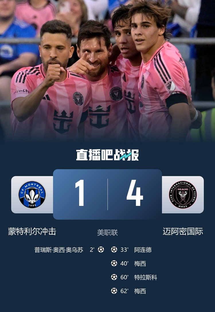 梅西超神1v7破门&2射1传1送礼 迈阿密国际4-1逆转蒙特利尔冲击