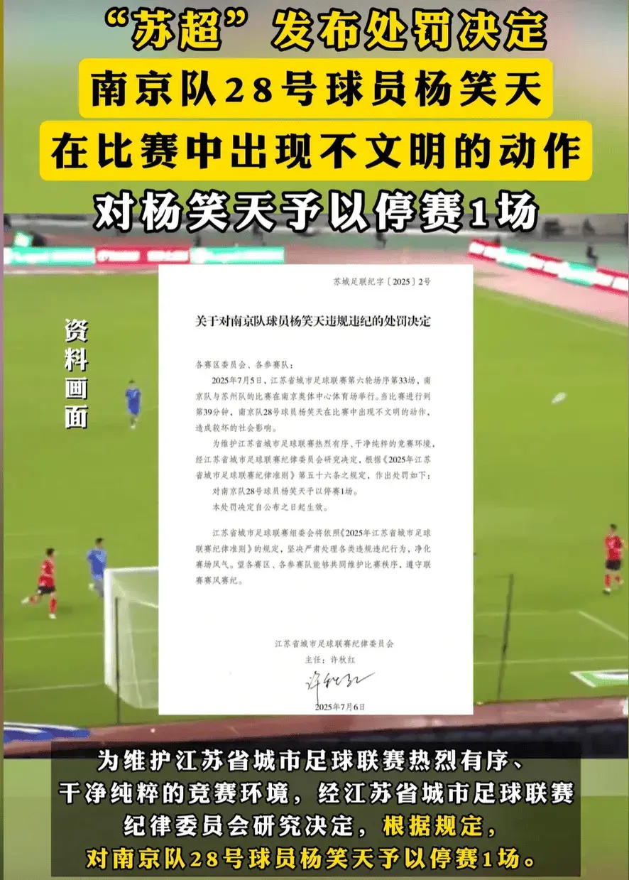 苏超最严厉罚单来了，南京队杨笑天被处罚，为何是职业球员？
