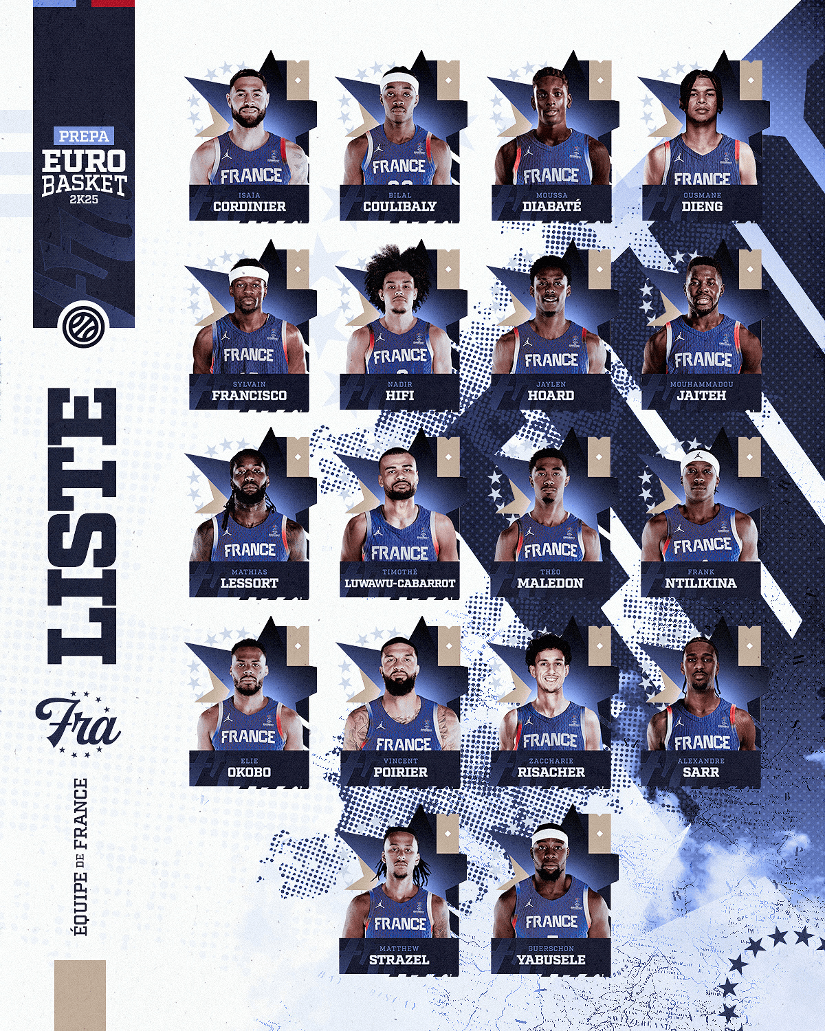 法国男篮欧洲杯大名单：文班&戈贝尔缺席，6位NBA现役入选