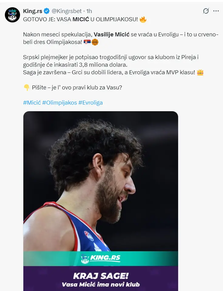 米契契三年合同加盟奥林匹亚科斯！均薪超380万 买断就花了610万