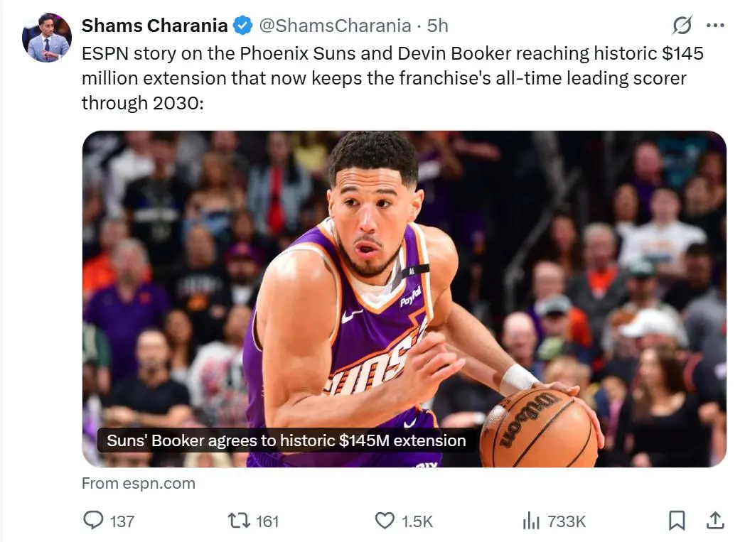2年1.45亿，布克破NBA薪资纪录！格林狄龙到队14+3全新大名单出炉