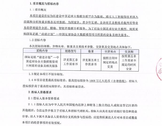 足协发布大数据模型项目招标公告，最高投标限价为1068万