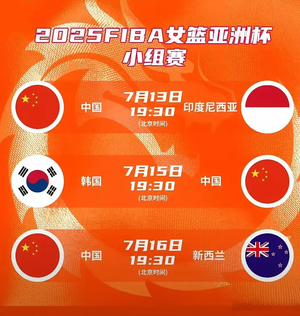 女篮亚洲杯赛程表！中国女篮将战印尼，19点半开打，CCTV5直播！