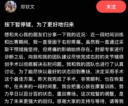 ​【平心而论】郑钦文的肘部手术，选择的背后既是“赌博”更是勇气
