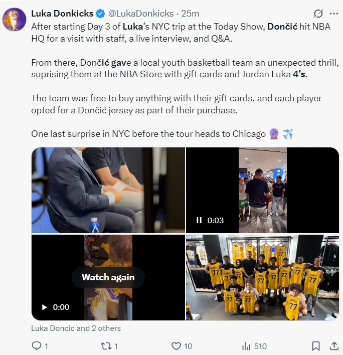 NBA官方晒东契奇活动：收银台疯狂为球迷签名 青年队全选卢卡球衣
