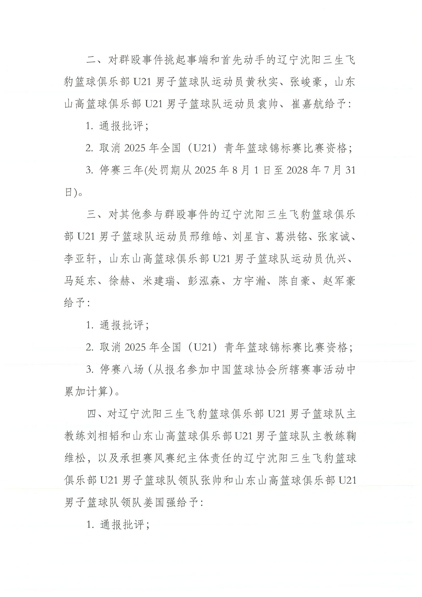 官方：辽宁＆山东U21男篮4名小将停赛3年，其余球员停赛8场