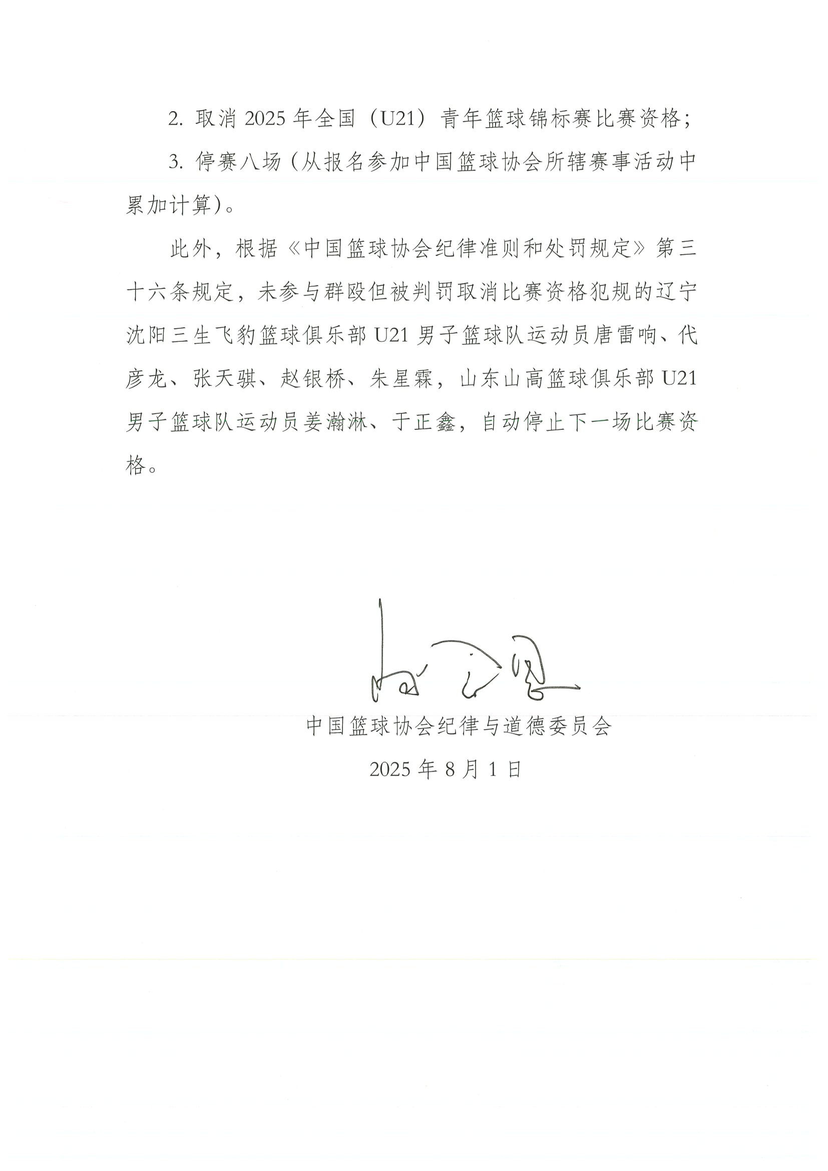 官方：辽宁＆山东U21男篮4名小将停赛3年，其余球员停赛8场