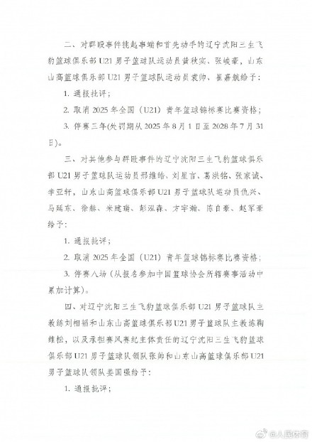中国篮协通报辽宁山东U21群殴事件