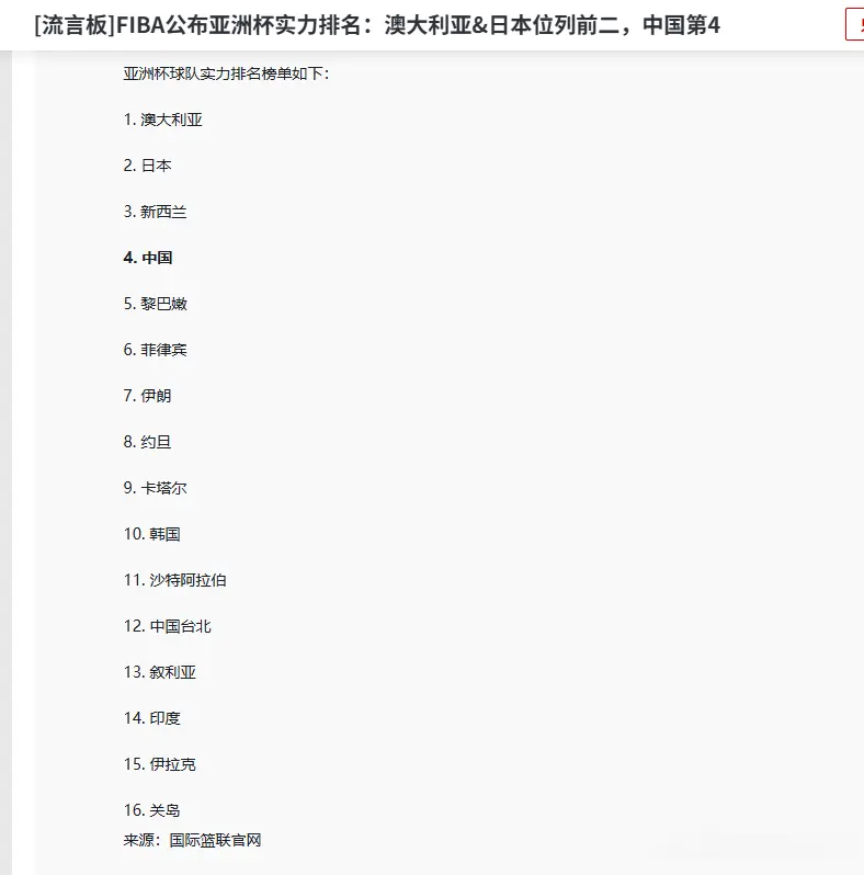 男篮亚洲杯最新排名出炉 澳大利亚第一 日本第二 中国第四 菲律宾第六