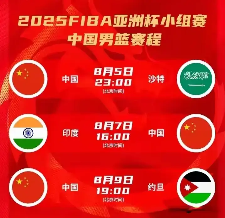 男篮亚洲杯8月5日赛程：3场赛，中国vs沙特，客战东道主博首胜
