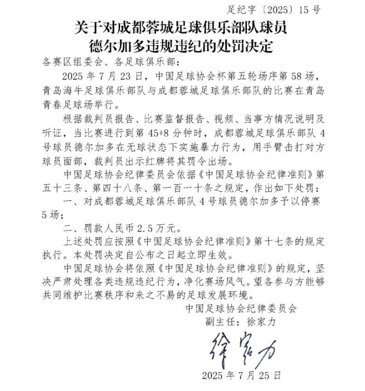 重罚！足协：德尔加多无球暴力行为停赛5场罚款2.5万