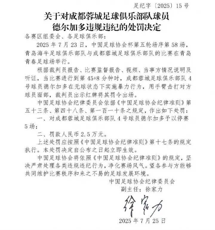 足协重磅罚单！德尔加多停赛5场罚款2.5万，肘击孙正傲染红