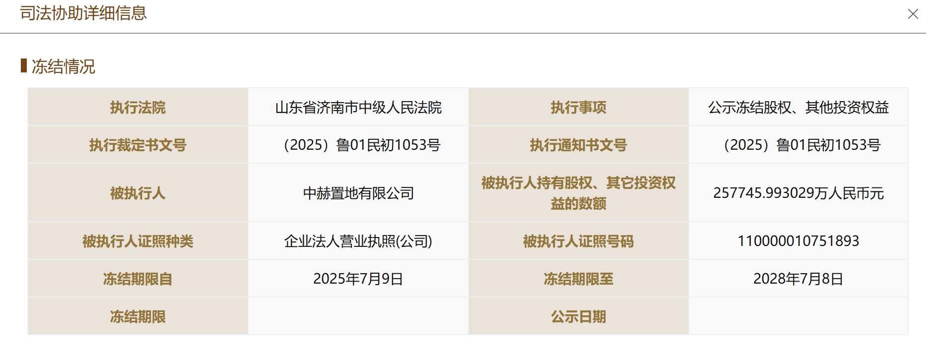 又一次，中赫置地所持的国安俱乐部股权再次被冻结
