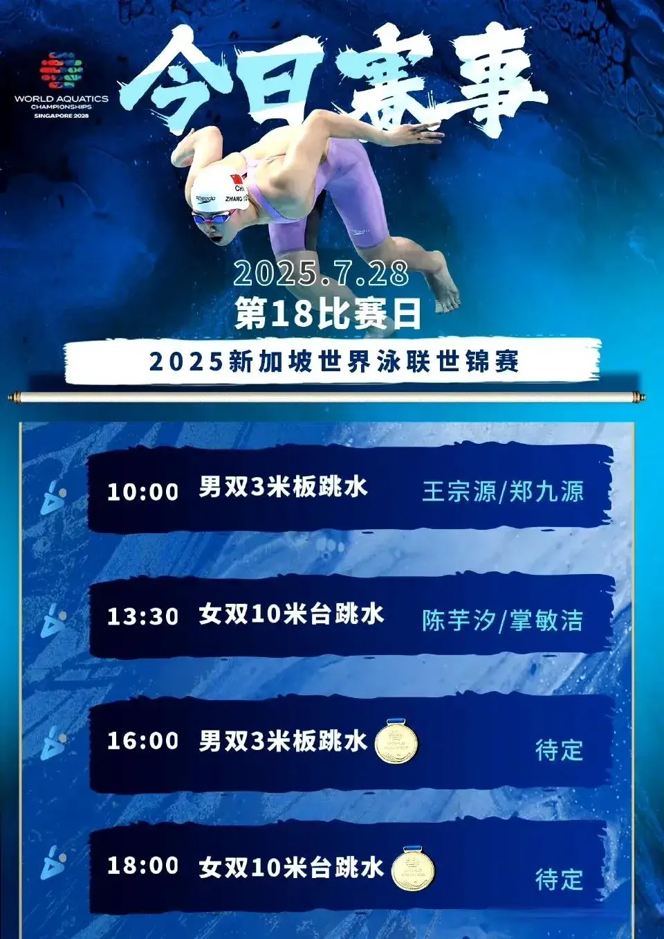 新加坡游泳世锦赛7月28日赛程：单日6金，张雨霏、覃海洋冲首金