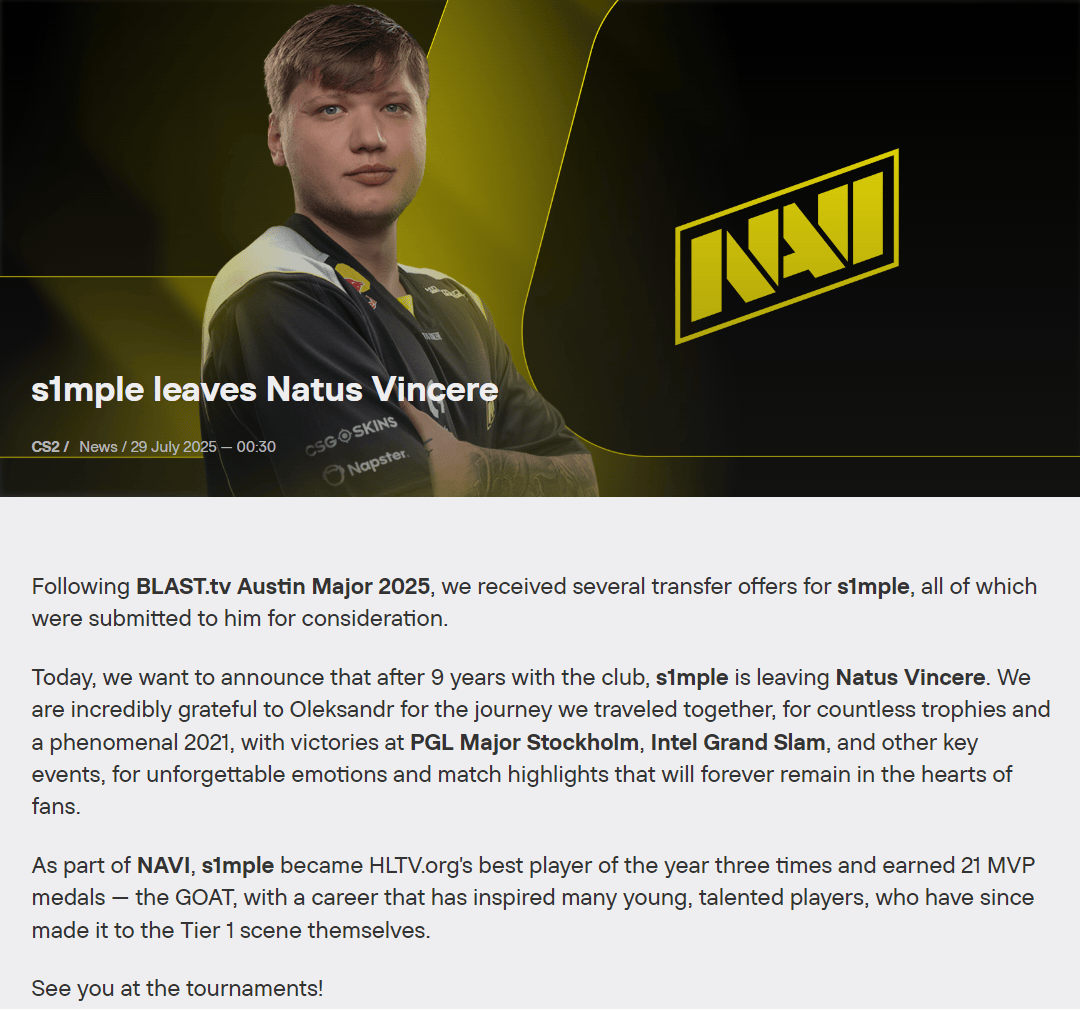 NAVI发文致谢s1mple：感谢这段共同走过的征程