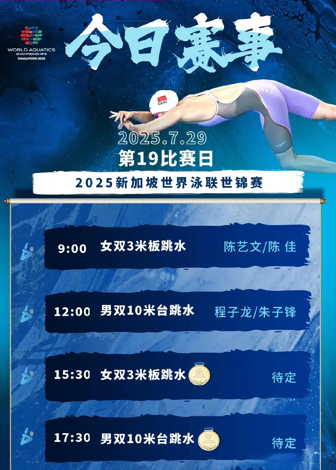 新加坡游泳世锦赛7月29日赛程：再分6金，跳水2金稳，游泳难拿牌