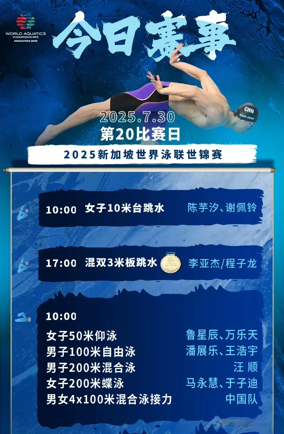 新加坡游泳世锦赛7月30日赛程：单日6金，中国队4金有希望夺牌