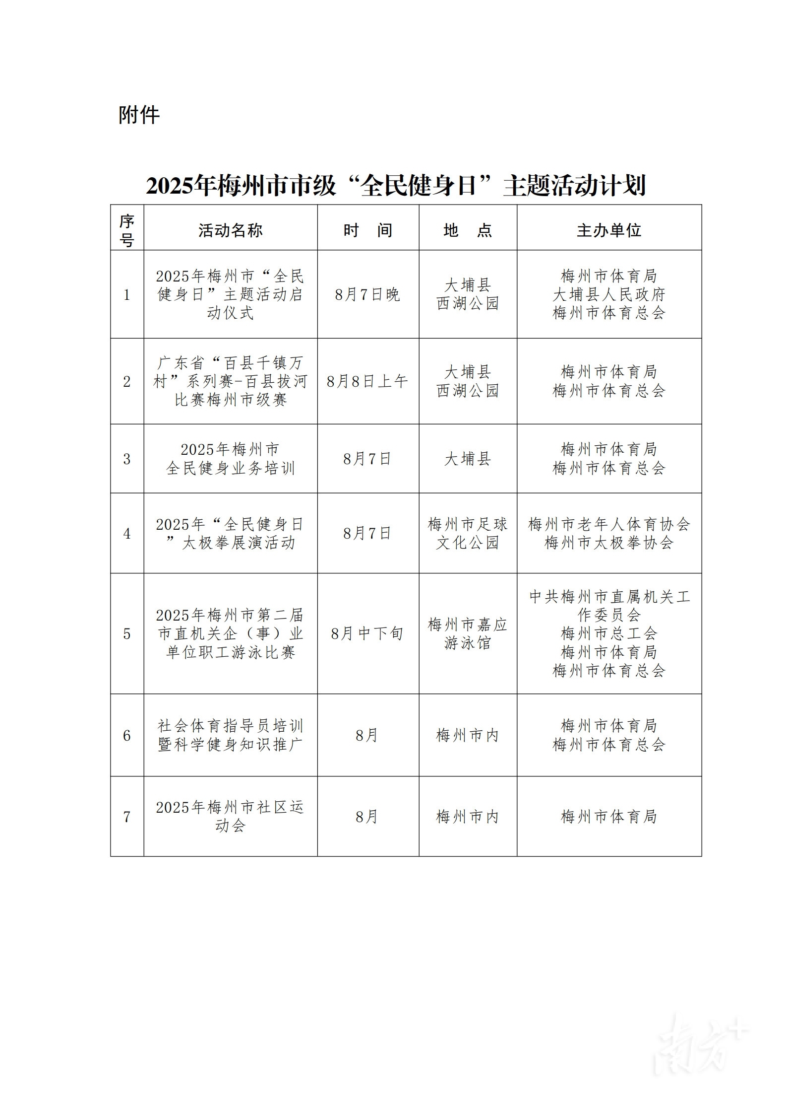 “全民健身日”梅州系列主题活动来袭，8月8日全市场馆免费开放