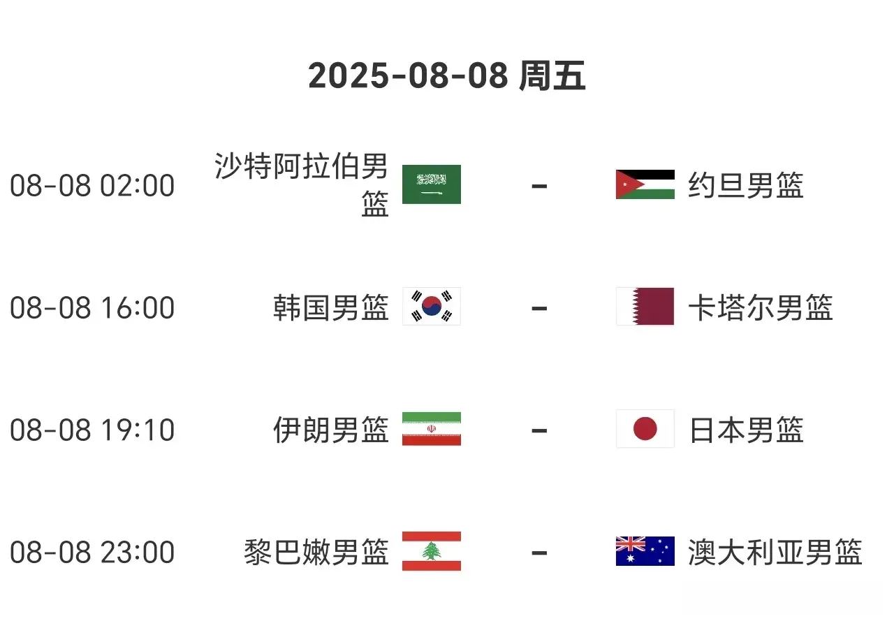 2025男篮亚洲杯8月8日赛程：中国无赛，约旦vs沙特，中国第3场赢