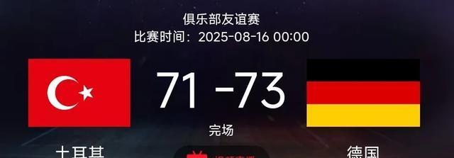 欧洲杯男篮热身赛：申京25+9&施罗德22+5+6，土耳其71-73惜败德国