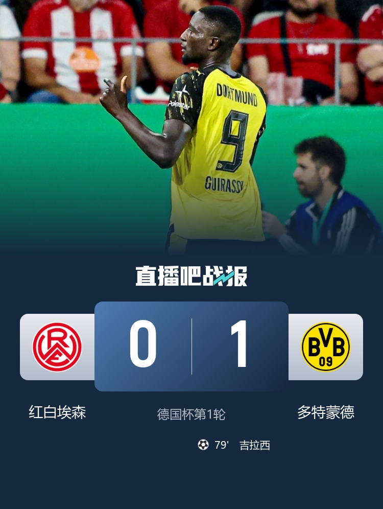 德国杯-多特1-0客胜德丙球队红白埃森晋级 吉拉西第79分钟制胜