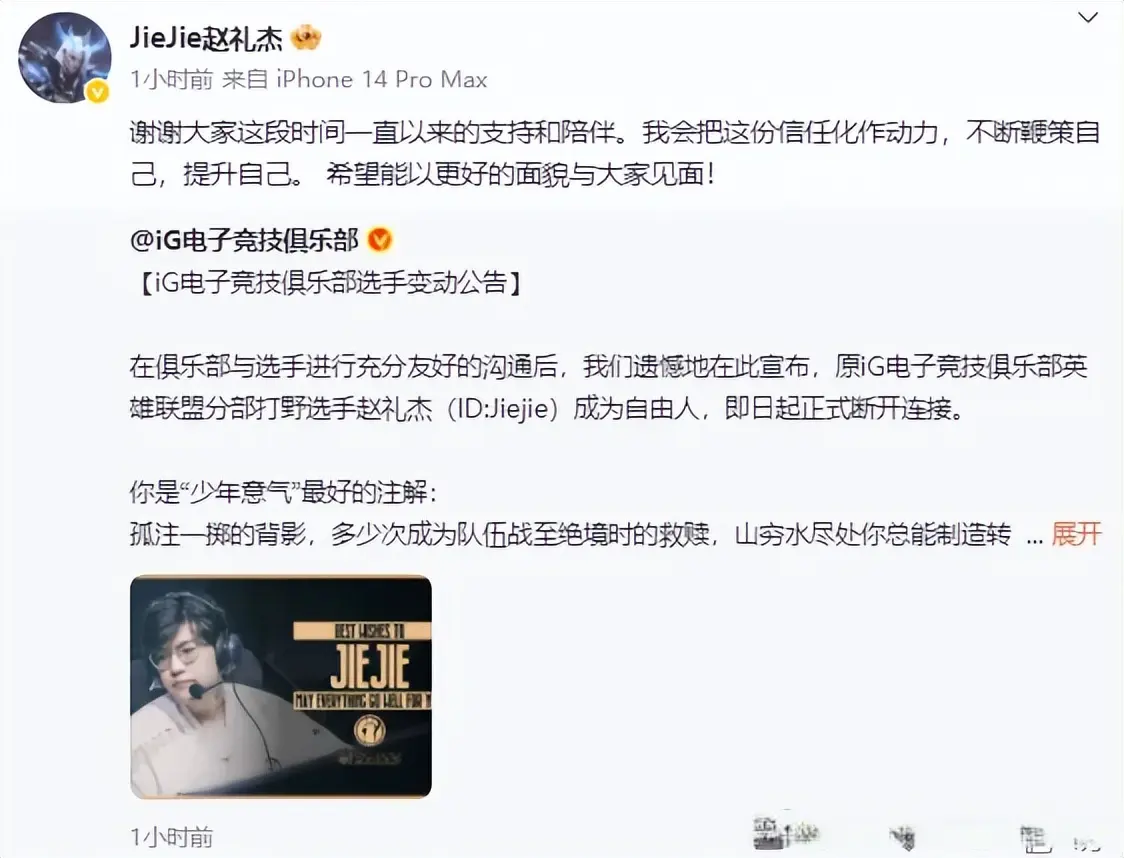 IG官宣Jiejie离队，Wei宫斗赢了！IG官博沦陷了，Jiejie回应来了