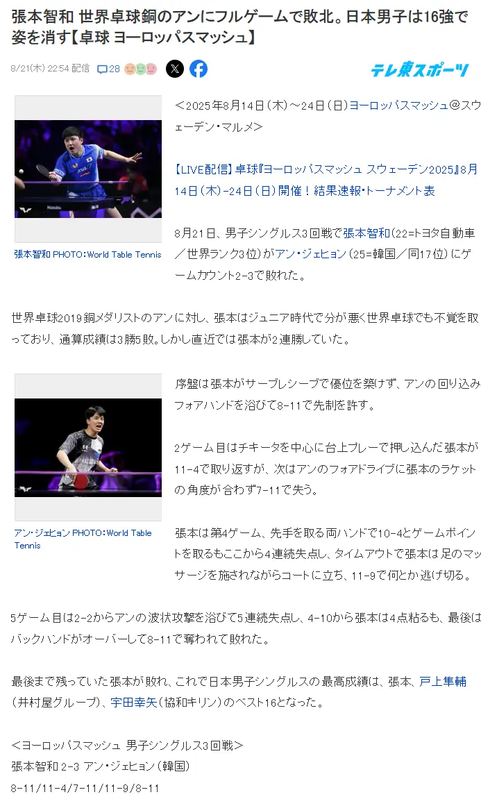 张本智和医疗暂停再引热议：郭焱直言回去养腿吧！日媒调侃坐过山车
