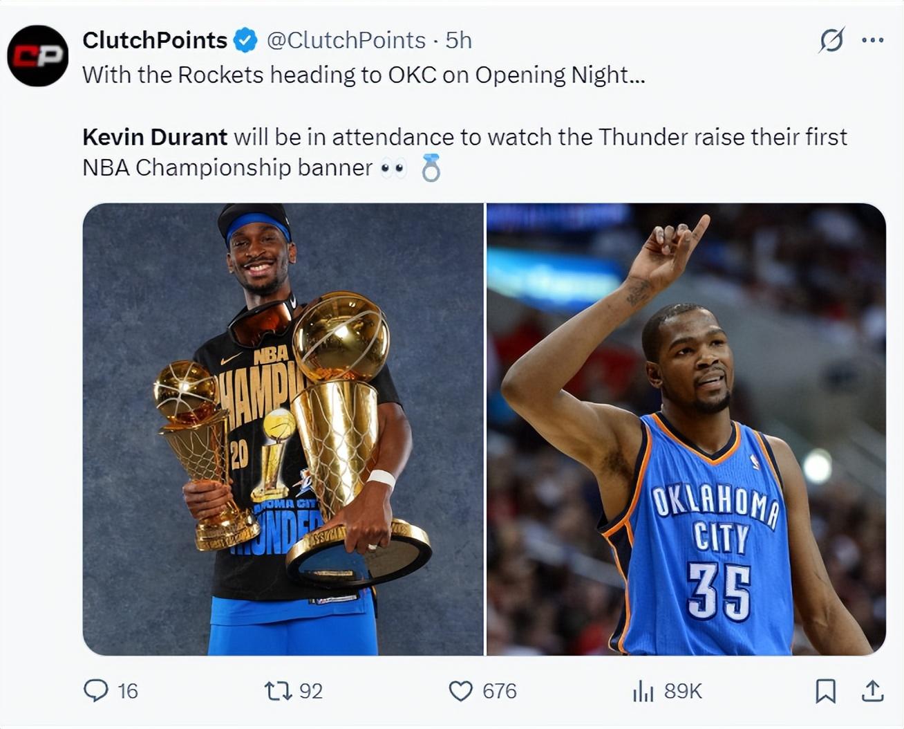 火雷揭幕战KD引热议：联盟太坏 落寞注视OKC升冠军旗