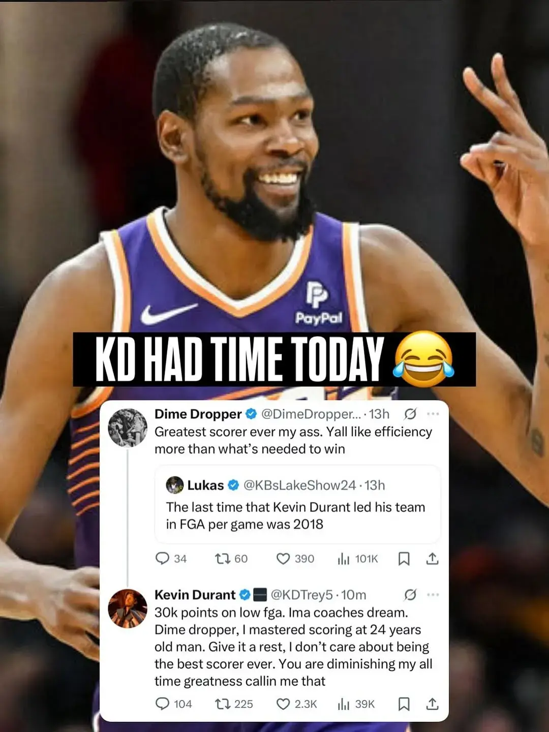 杜兰特否定成为NBA最佳得分手的想法，称对方在贬低自己的伟大