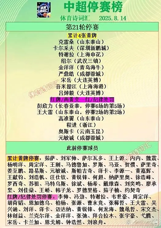 中超第21轮：绍尔、特谢拉等15人停赛，45人已有3张黄牌