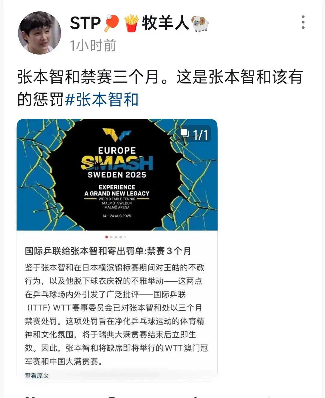 张本智和横滨冠军赛战胜王楚钦夺冠，被造谣遭到禁赛三个月处罚！