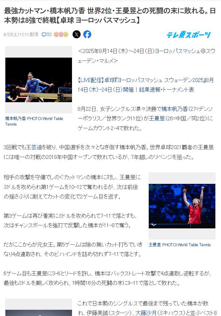 日媒：桥本时隔7年再败王曼昱 张本／大藤也不敌中国王牌组合0冠收官