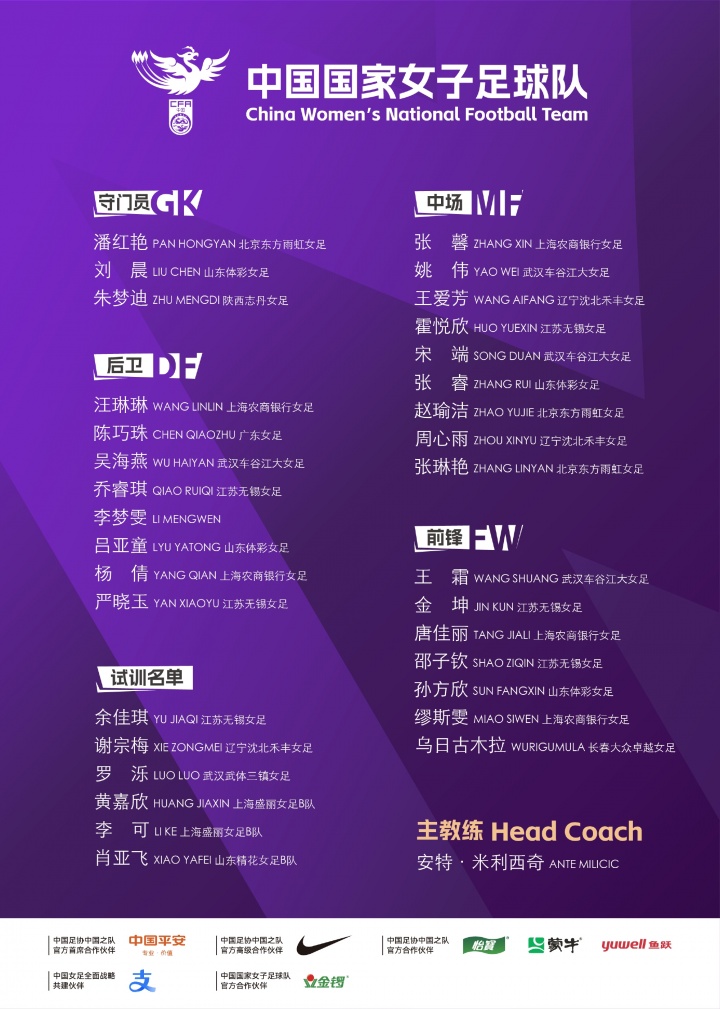 中国女足新一期名单：王霜领衔 张琳艳、唐佳丽在列