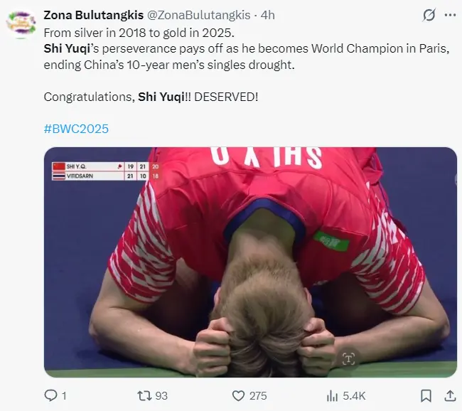 BWF官方：石宇奇8天6战夺首冠铸造辉煌 第三局3-8落后展现超强韧性