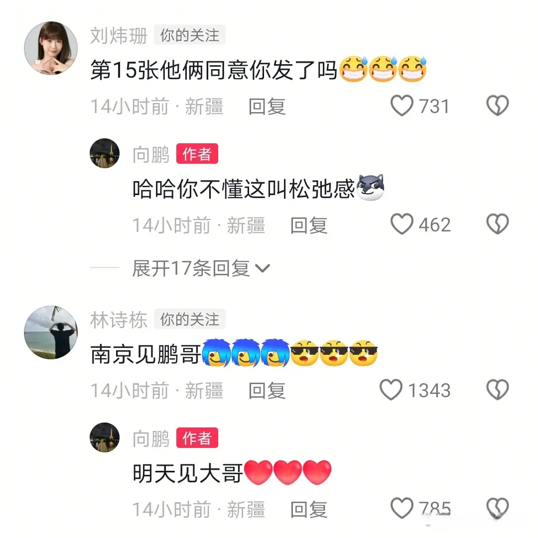 向鹏发，林诗栋黄友政来互动，向鹏回复亮了，评论区里笑不活