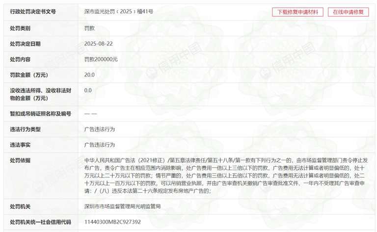 发布违法广告，深圳满京华置业被罚20万元
