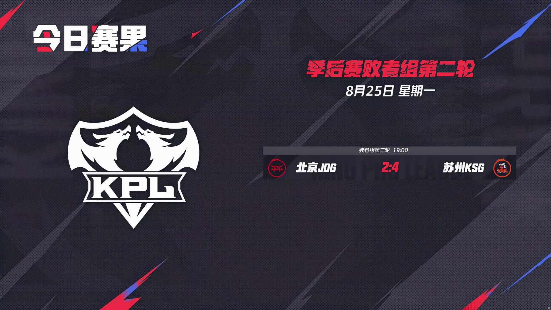 [赛果]北京JDG止步八强，苏州KSG将于8月27日迎战重庆狼队
