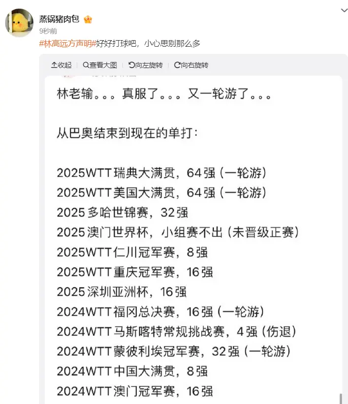 林高远亲承状态不佳：人生起伏很大，竞技体育很残酷胜利者是极少数
