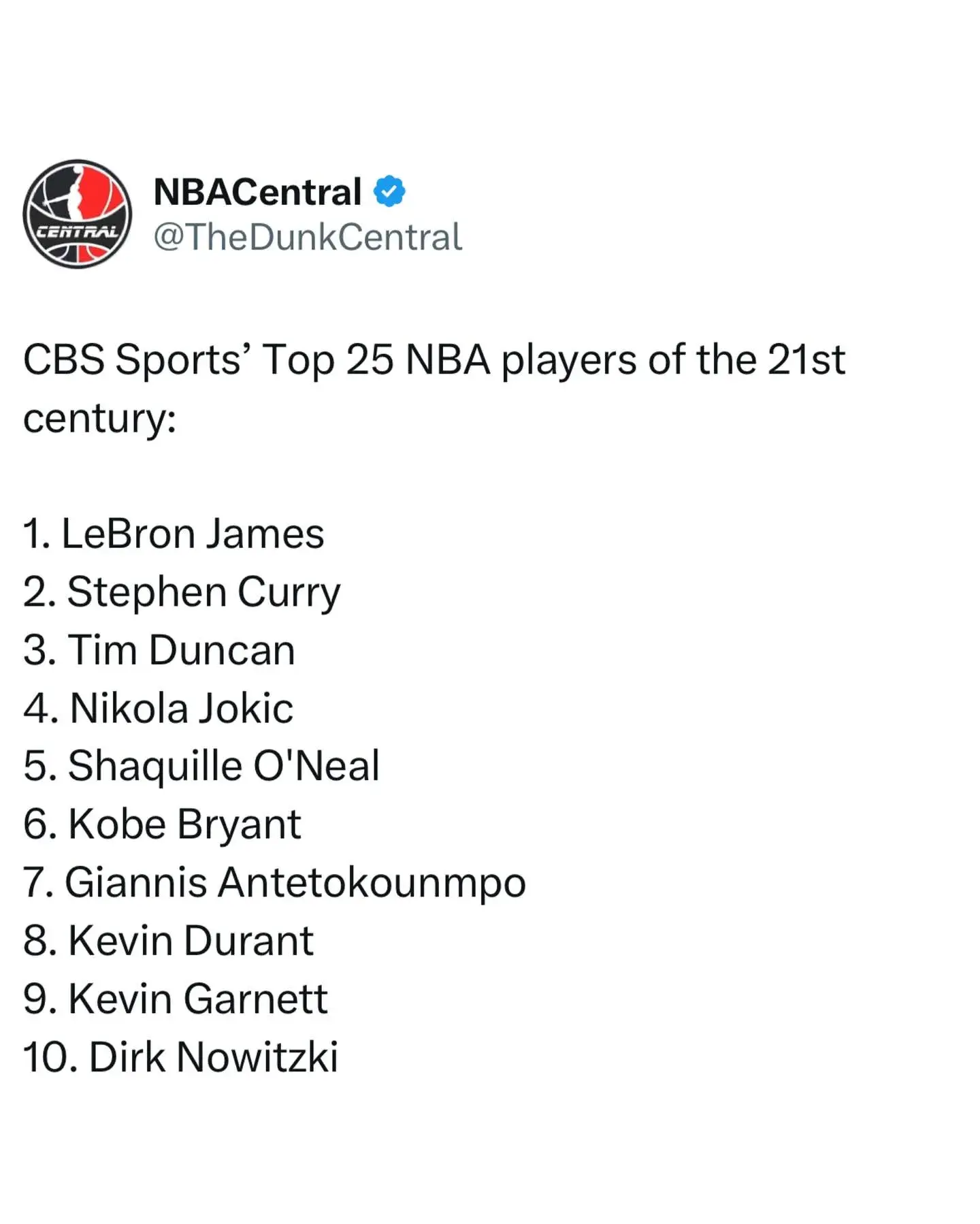 CBS晒出21世纪至今NBA最伟大的25名球星，詹库居然排名前二
