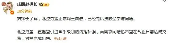 又是三方交易？媒体人：北控男篮正求购王岚嵚，已经先后接触辽宁与同曦
