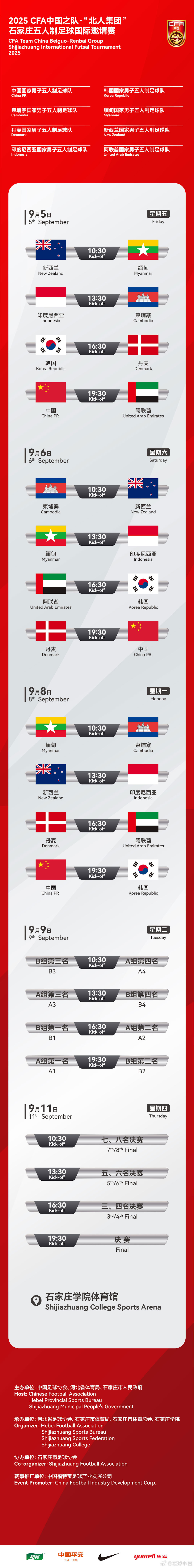 五人制足球国际邀请赛赛程公布：中国将战韩国、丹麦、阿联酋