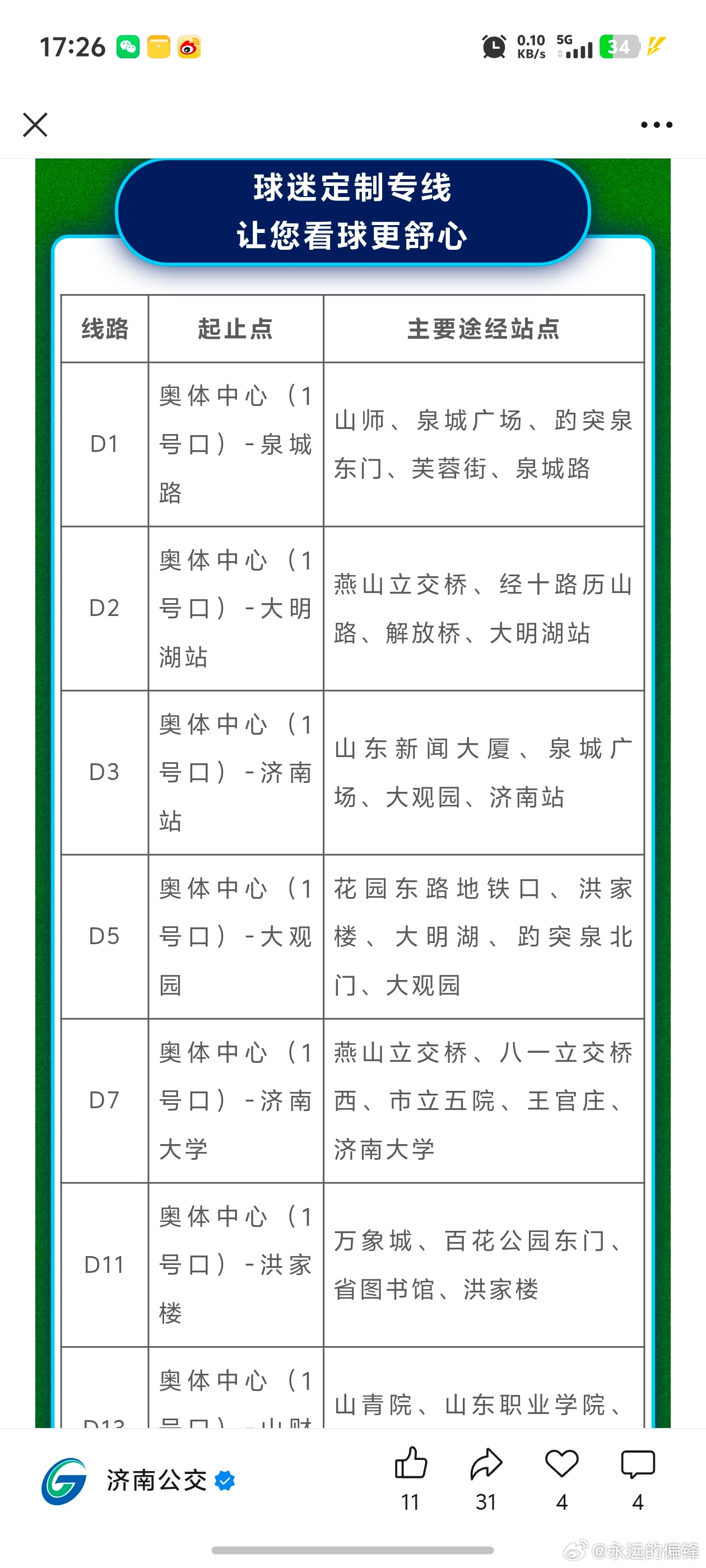 济南公交助力中超联赛，媒体人陈永发布京鲁大战球迷专线信息
